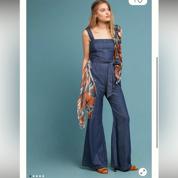 Anthropologie ett:twa Denim Chambray Flared Jumpsuit sz 6 - Picture 2 of 11
